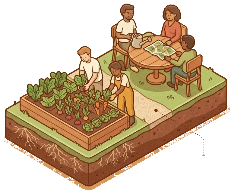 A cutaway community garden: roots beneath growing vegetables, neighbours gardening, and others gathered around a shared table.