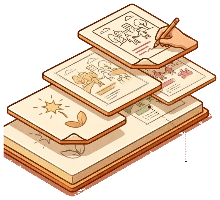 An exploded sketchpad: a first spark, alternative sketches of a community scene, and a hand refining the chosen drawing.